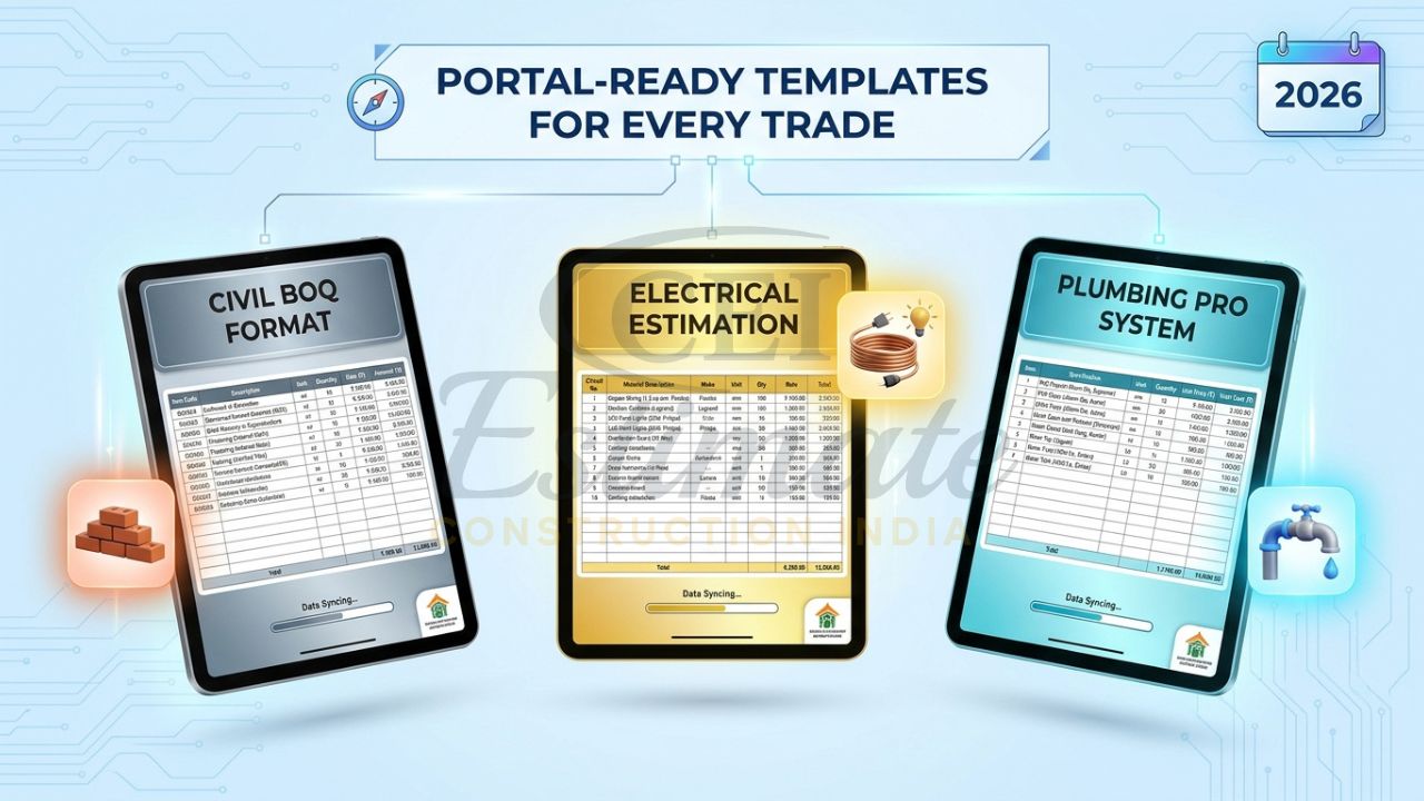 An infographic showing three tablet screens, each displaying a specialized BOQ template for Civil, Electrical, and Plumbing trades.