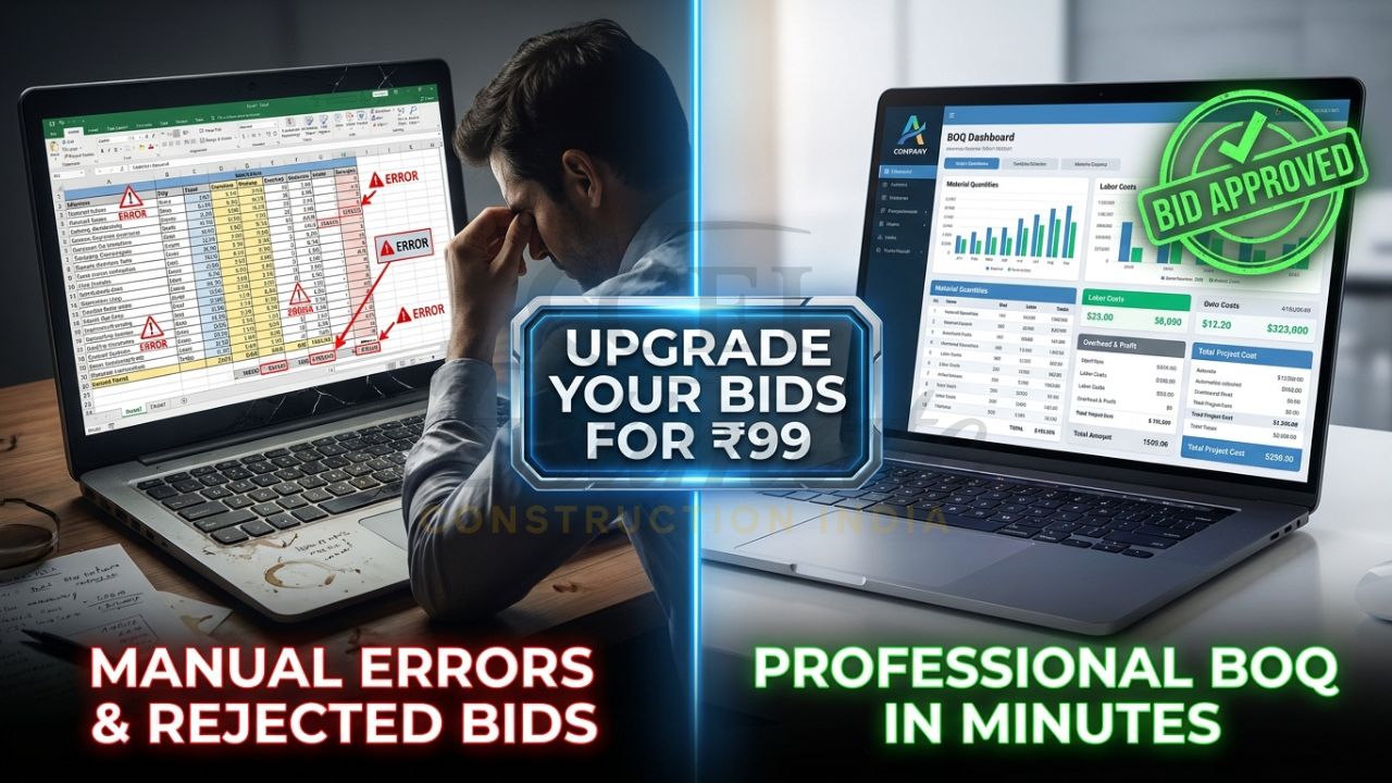 A split-screen comparison showing a messy manual Excel sheet with errors versus a clean, automated professional BOQ dashboard with auto-calculations.
