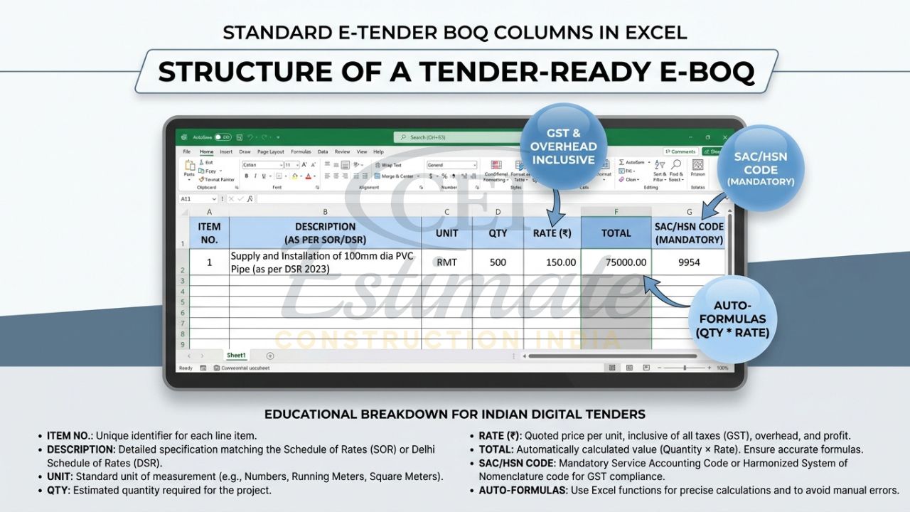 An instructional infographic showing the essential columns for an e-tender BOQ in Excel, including SAC/HSN codes and auto-formulas.