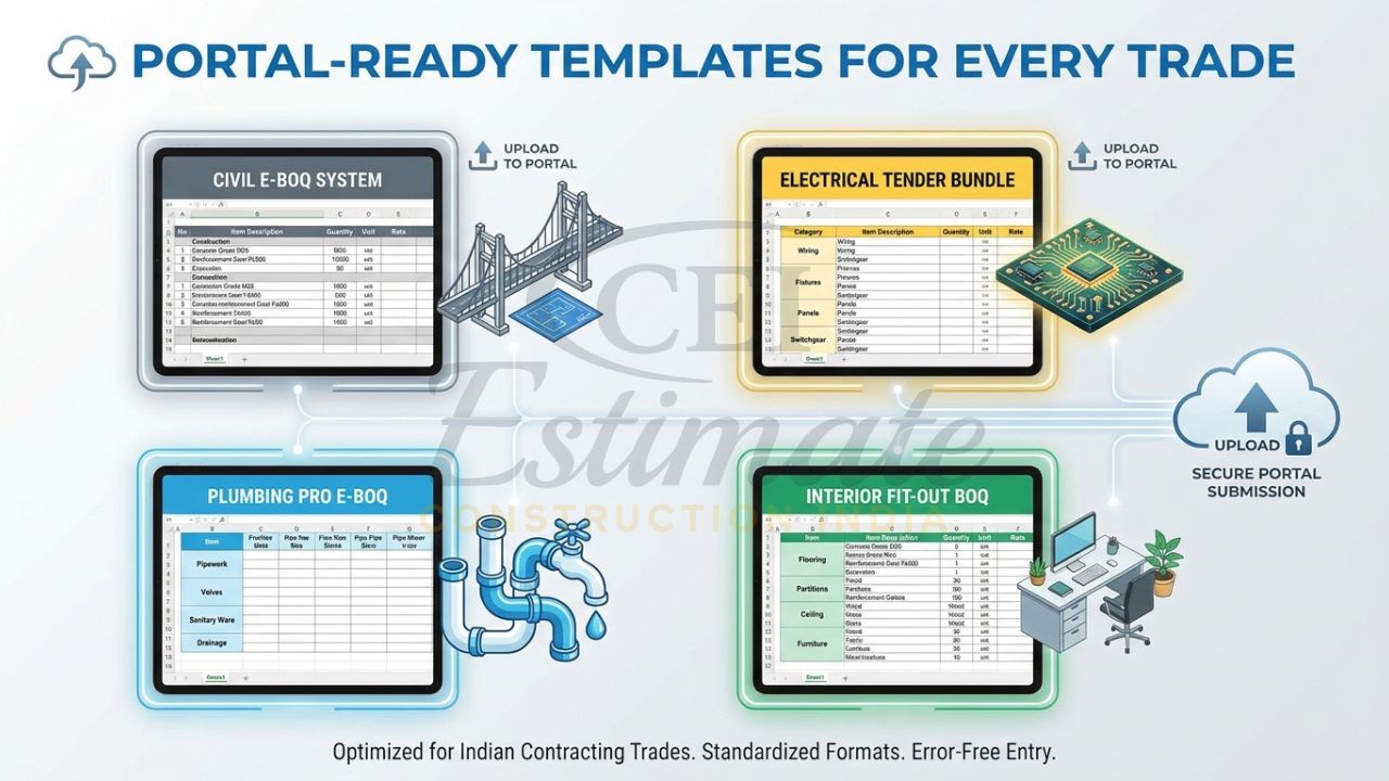 An infographic showing four tablet screens, each displaying a specialized e-tender BOQ template for Civil, Electrical, Plumbing, and Interiors.