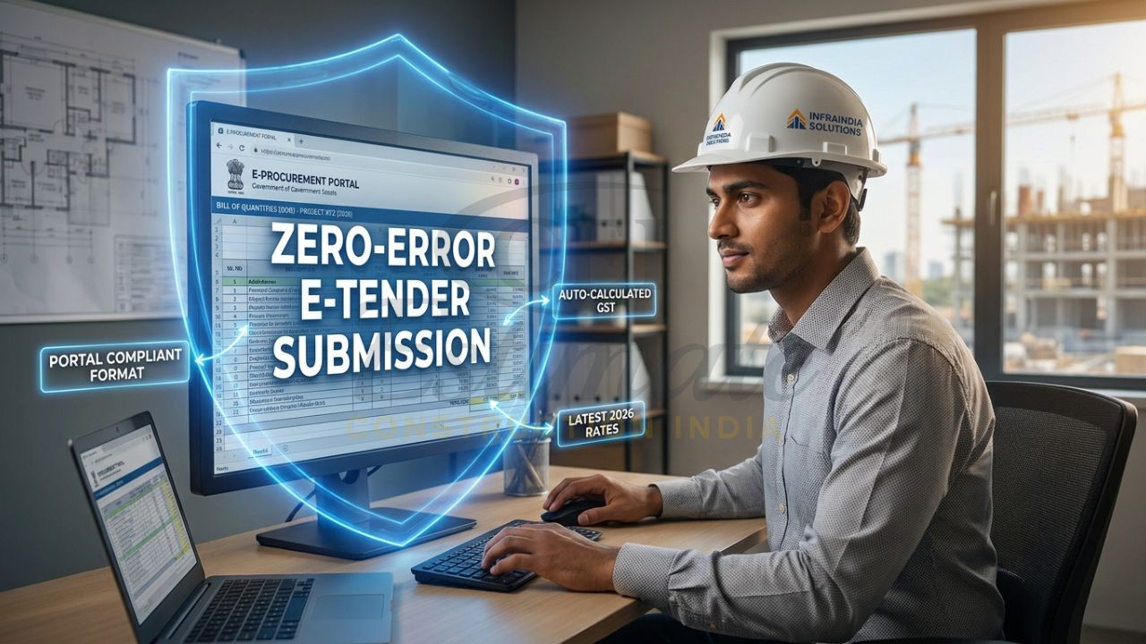 A professional Indian contractor submitting a GST-compliant e-tender BOQ via a government portal, protected by a translucent blue security shield.