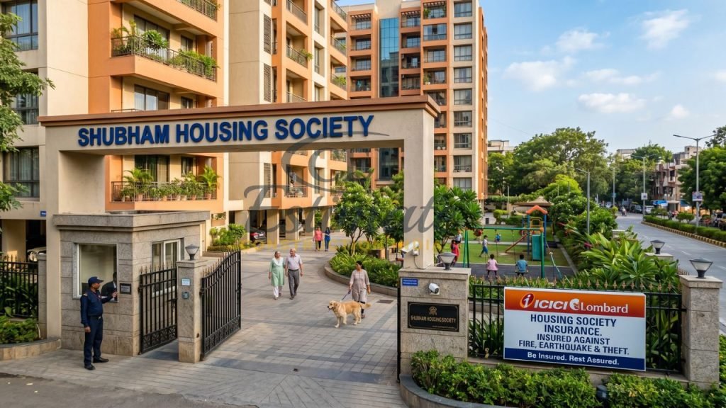 Housing society entrance in India with ICICI Lombard insurance board for building protection against fire earthquake and theft