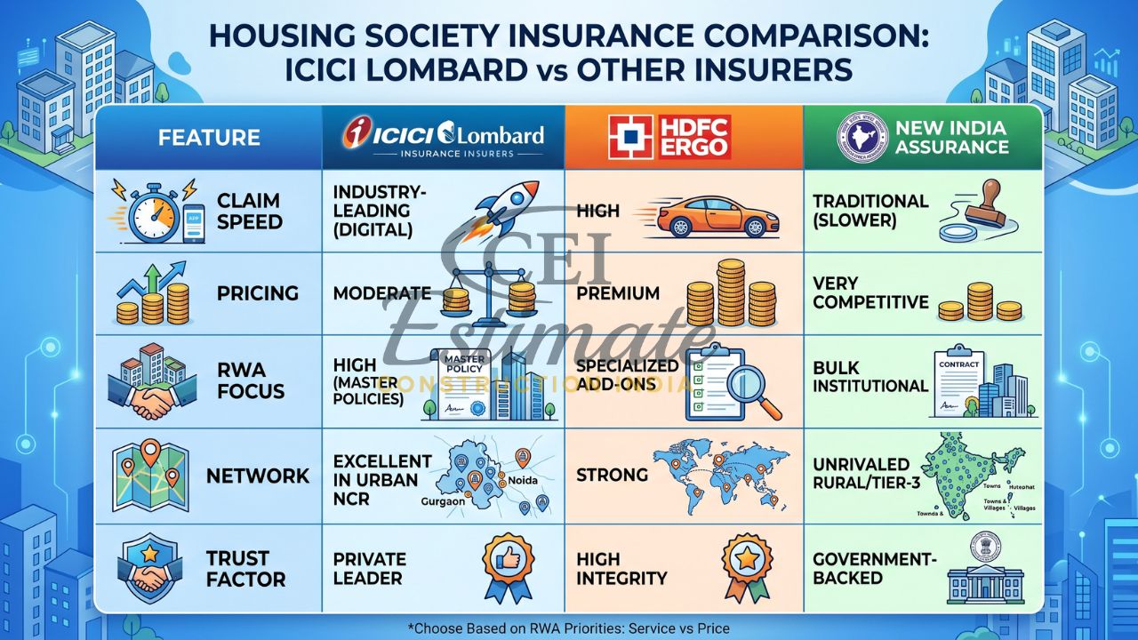 Housing society insurance comparison India ICICI Lombard vs HDFC ERGO vs New India Assurance features pricing claim speed