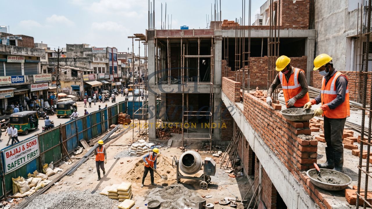 Construction workers doing brick masonry on residential building with scaffolding and concrete mixer at urban site in India