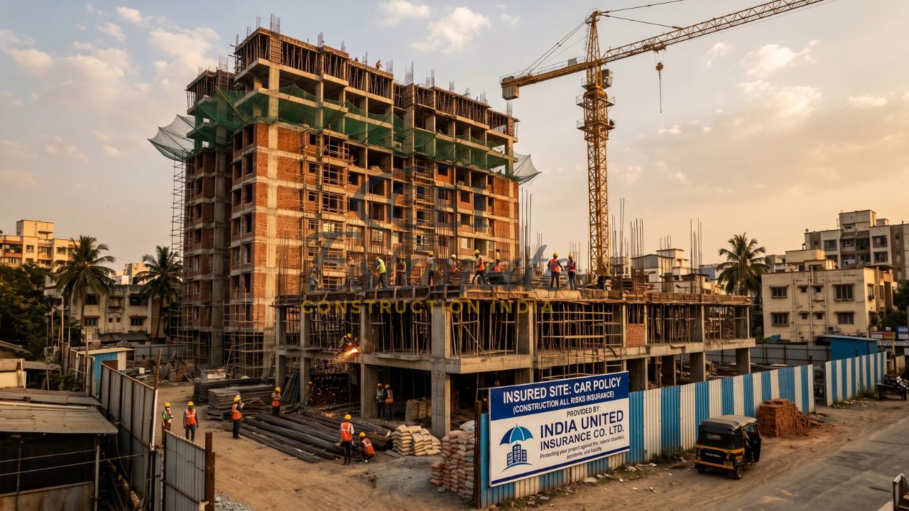 construction site in India with contractors all risk insurance board building under construction with workers