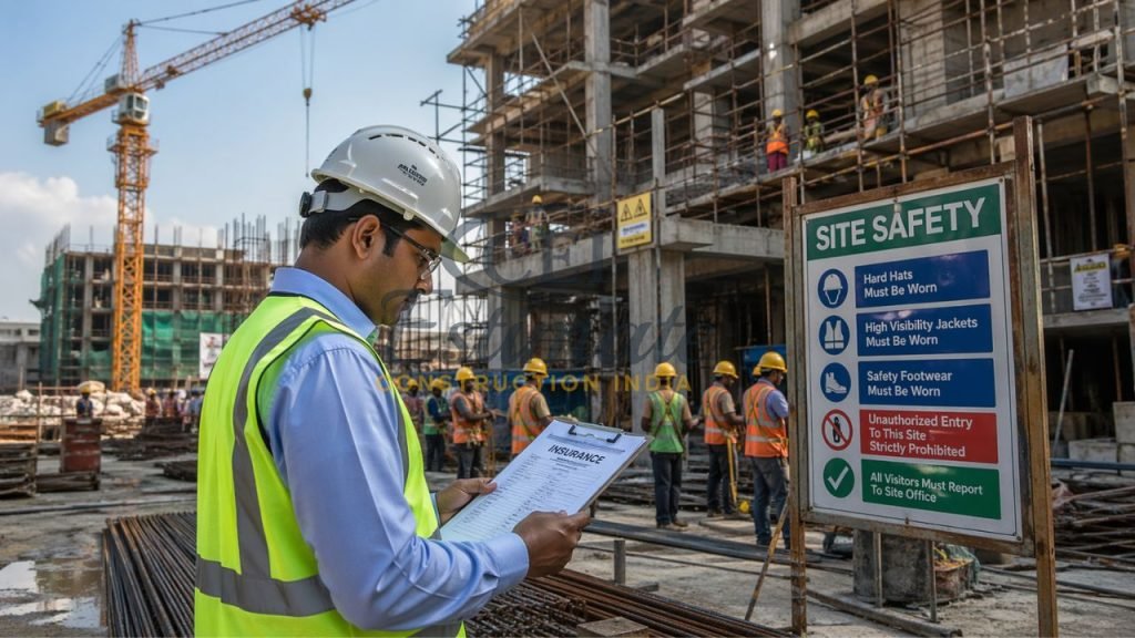 engineer checking construction insurance policy at building site India safety compliance and risk management