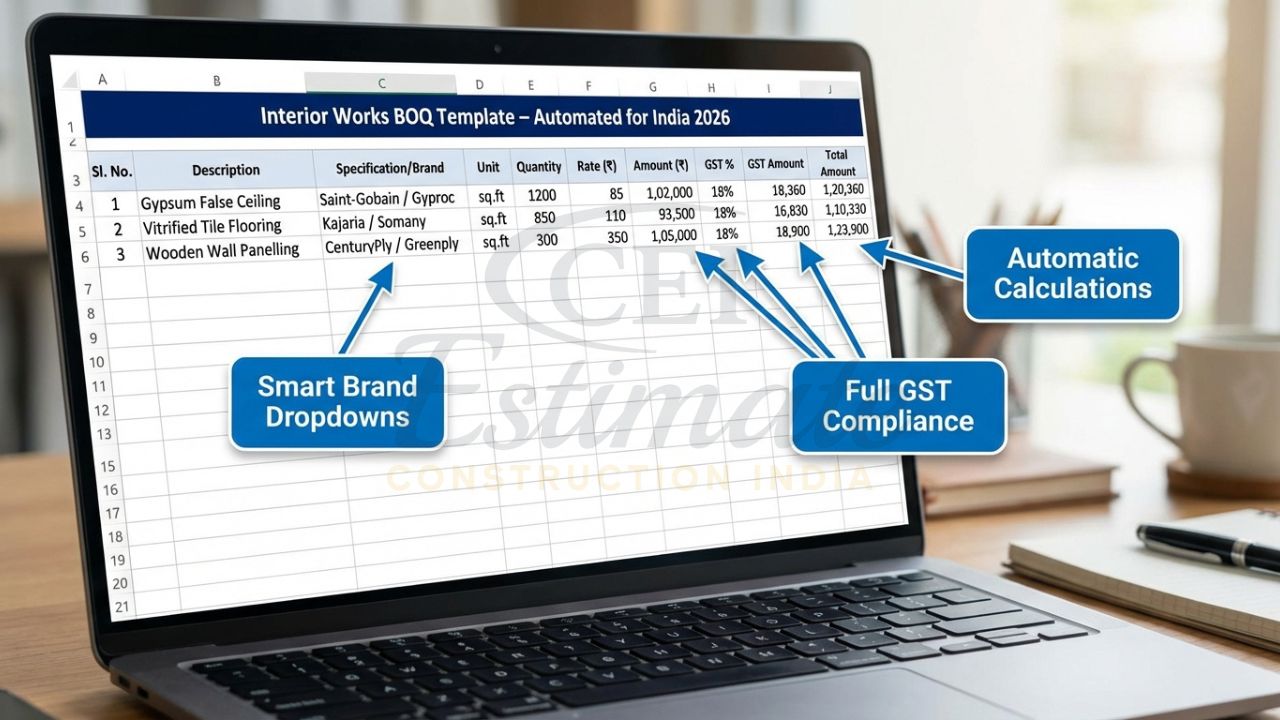 Close-up mockup of automated interior works BOQ Excel template showing professional columns and calculations