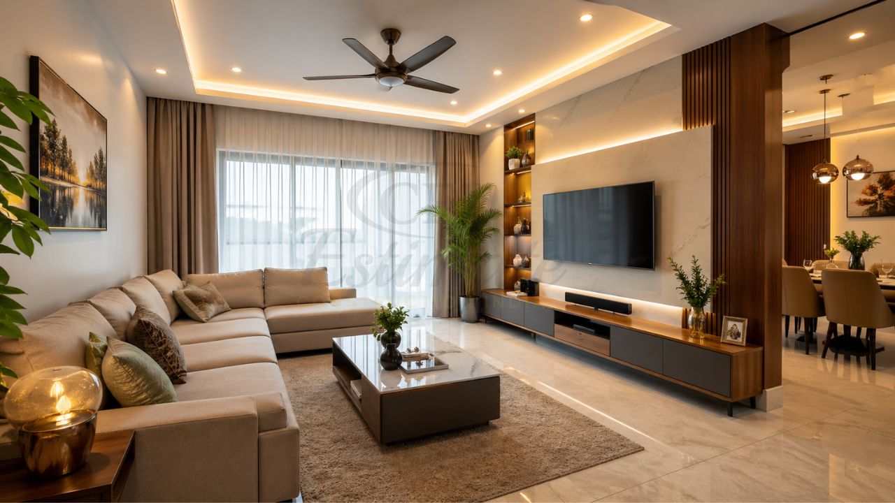 modern 2bhk living room interior design india with tv unit false ceiling lighting sofa and wooden panel