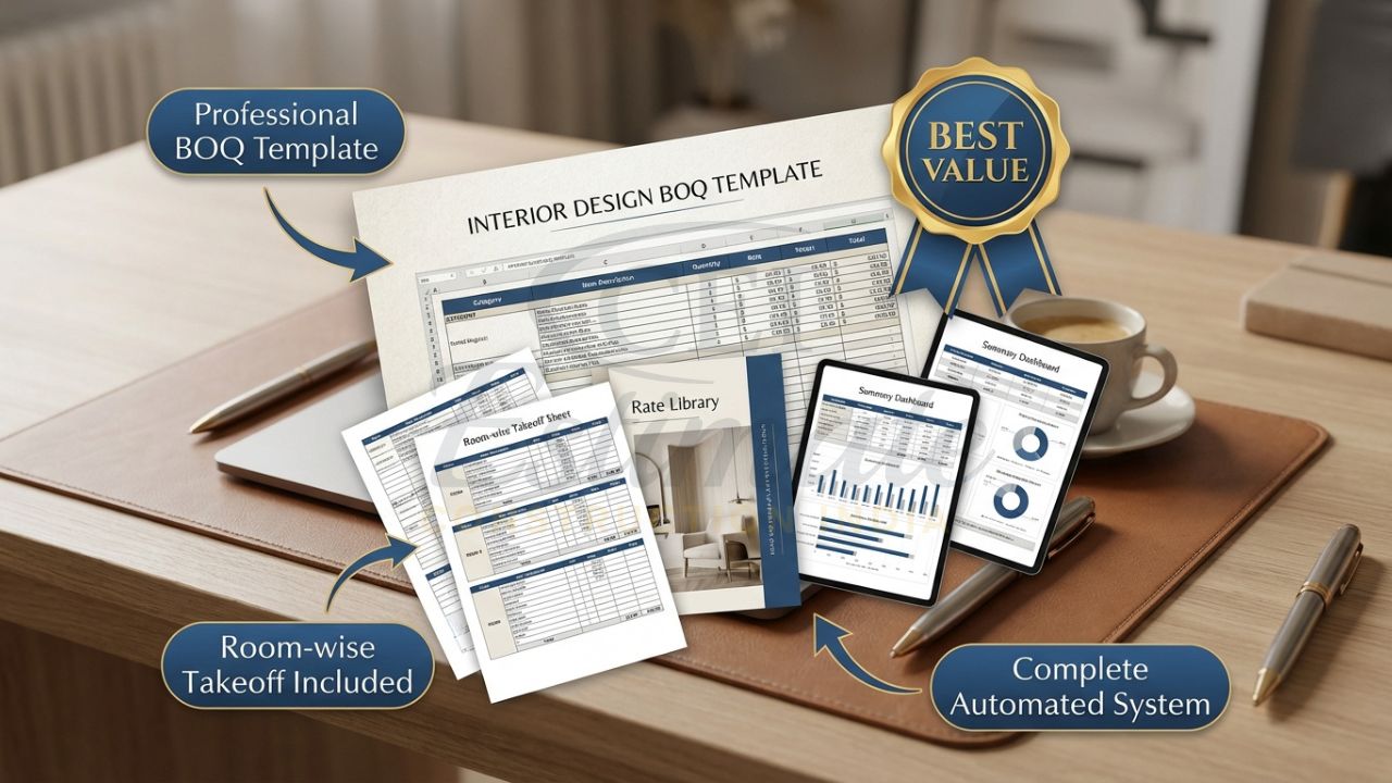 Complete Interior Design BOQ template bundle mockup for Indian interior contractors and designers