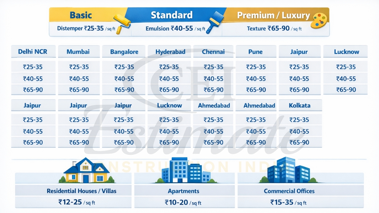 India 2026 interior painting cost per sq ft city comparison chart.