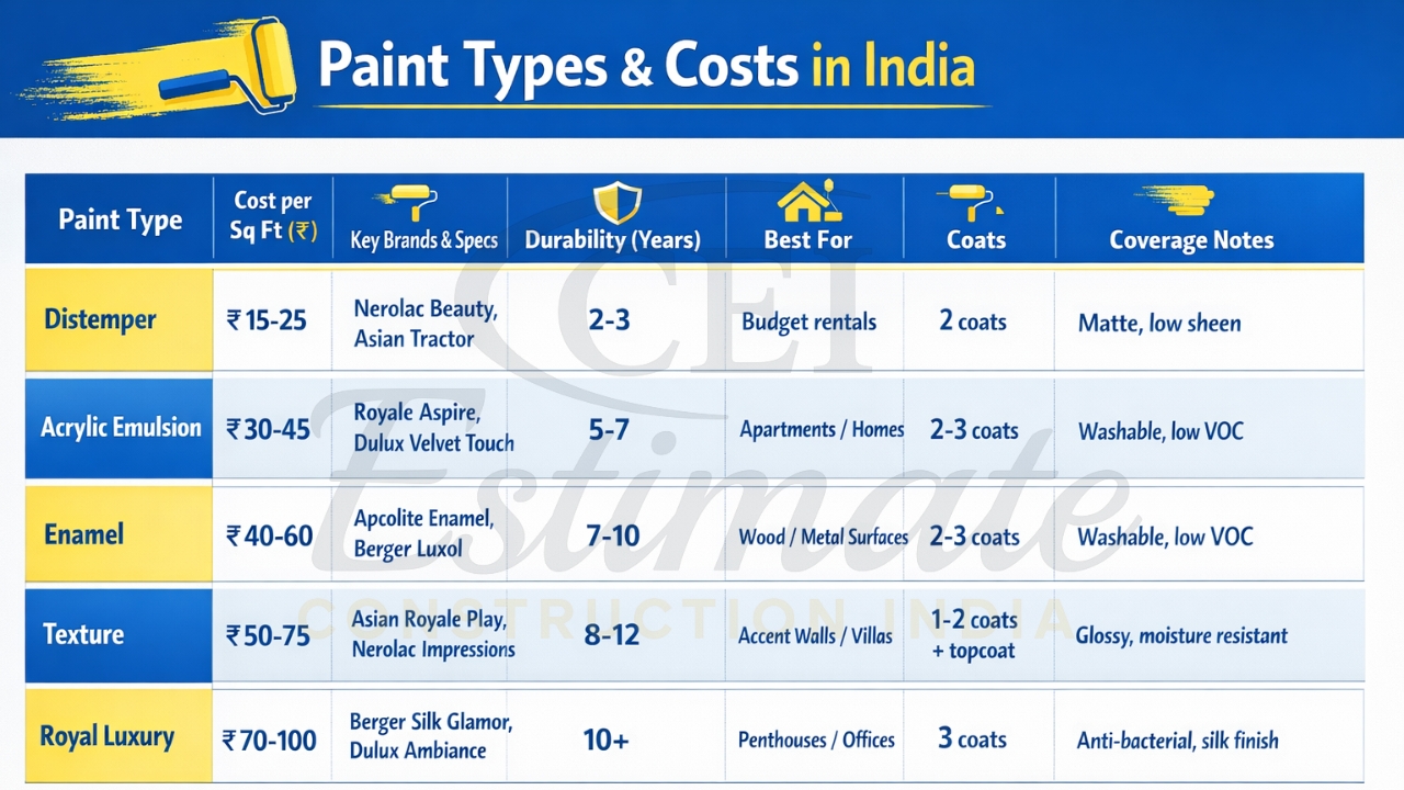 Interior paint types comparison emulsion vs texture India 2026.