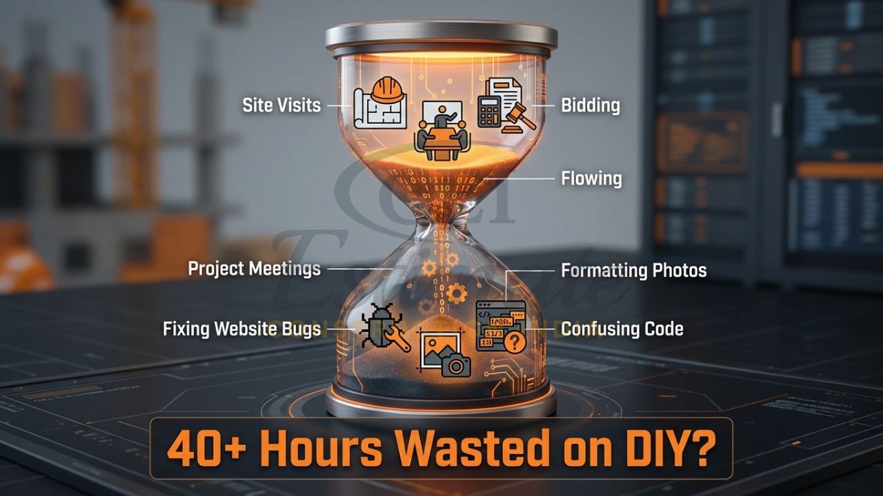 Infographic showing the time lost by contractors when trying to build their own construction website instead of managing projects.