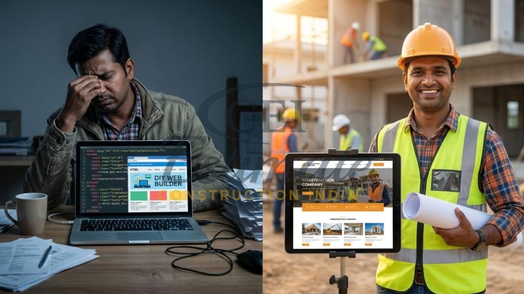 A split-screen comparison of an Indian contractor struggling with a DIY website versus succeeding with a professional website design.