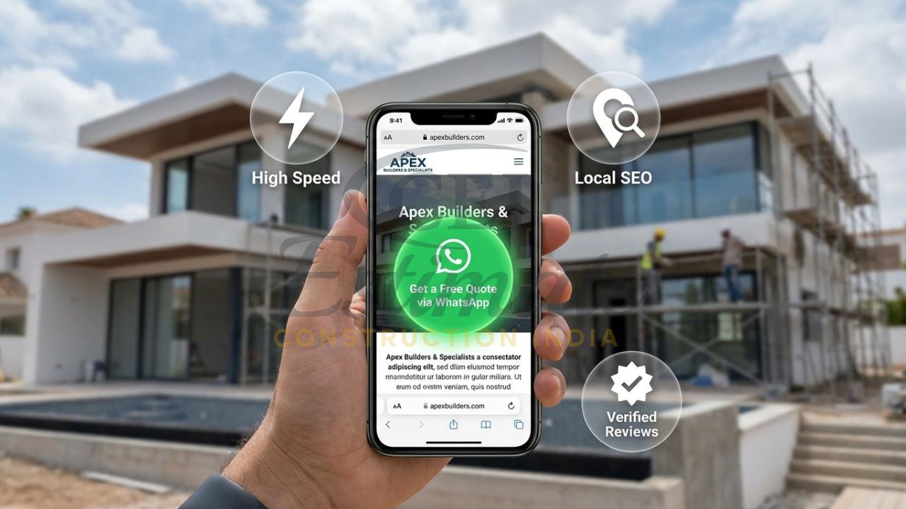 A mobile-responsive construction website with lead-capture tools like WhatsApp integration and project galleries.