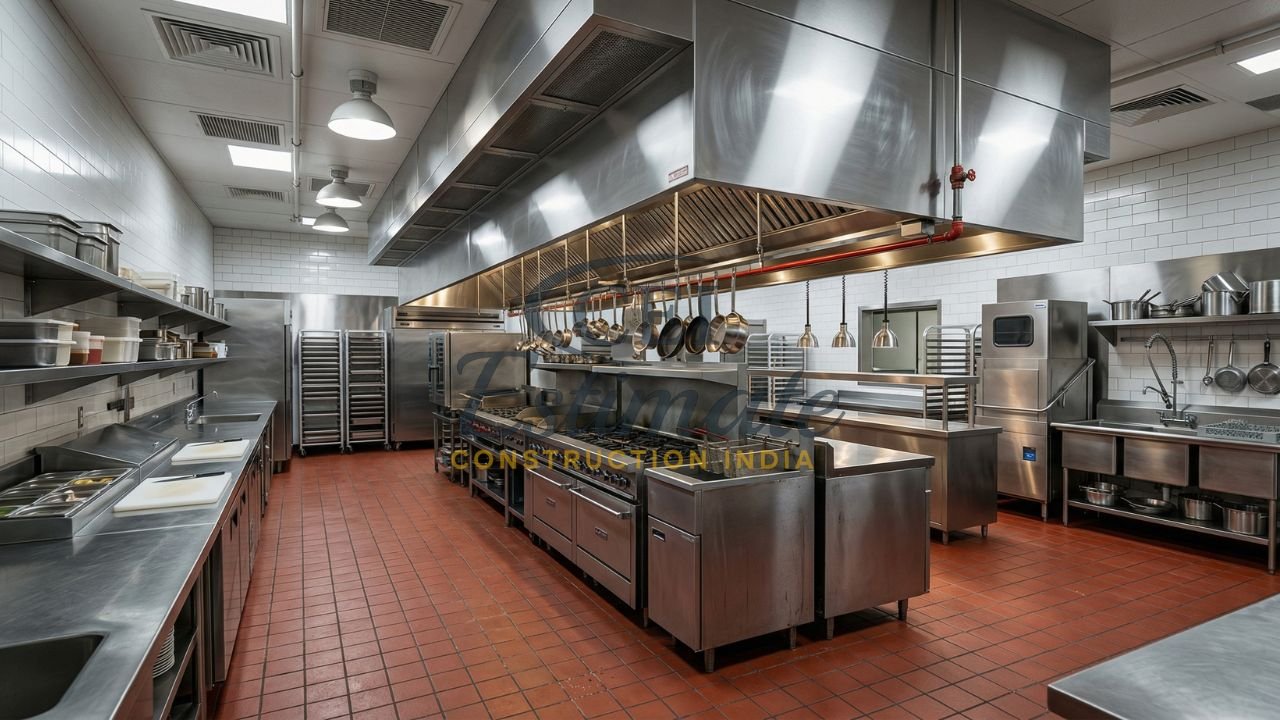 Large commercial restaurant kitchen with stainless steel equipment, cooking line, and ventilation system