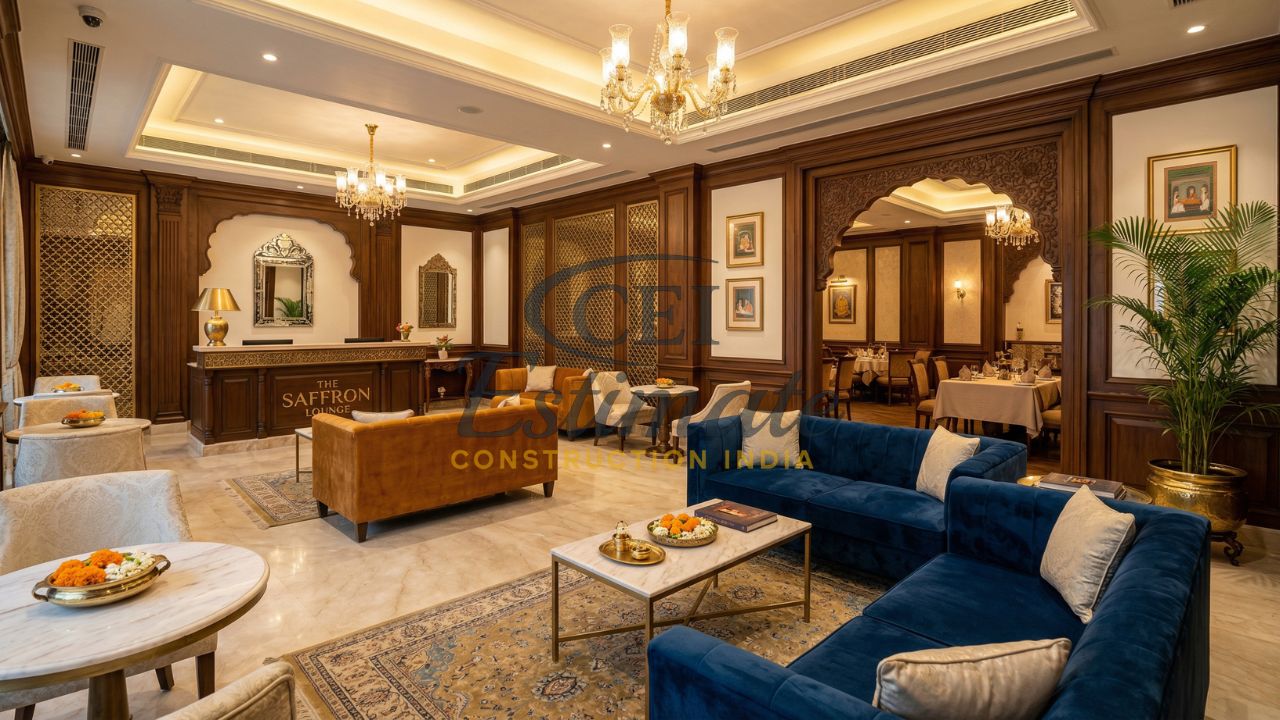 Luxury restaurant lounge waiting area with wooden interiors, chandeliers, premium sofas, and reception desk