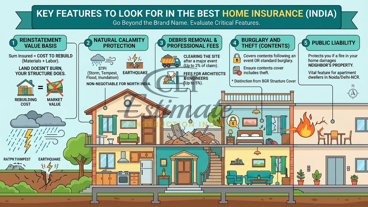 key features of home insurance India reinstatement value natural calamity burglary liability coverage infographic
