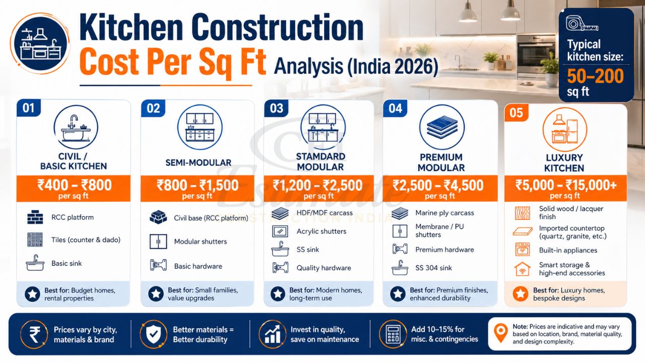 kitchen construction cost per sq ft india comparison basic semi modular premium and luxury kitchen pricing
