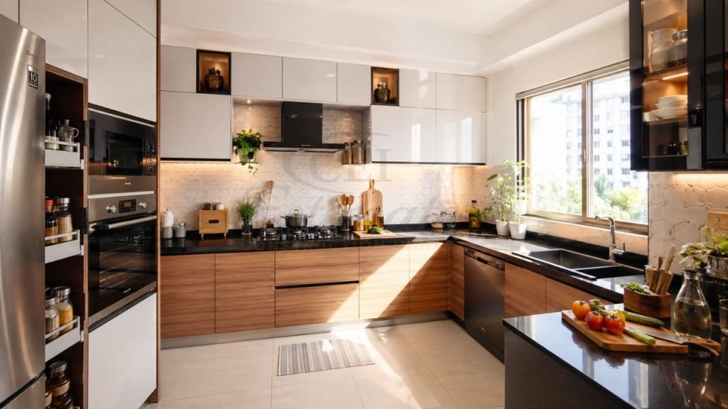 modern modular kitchen design in india with wooden cabinets granite countertop built in appliances and L shaped layout