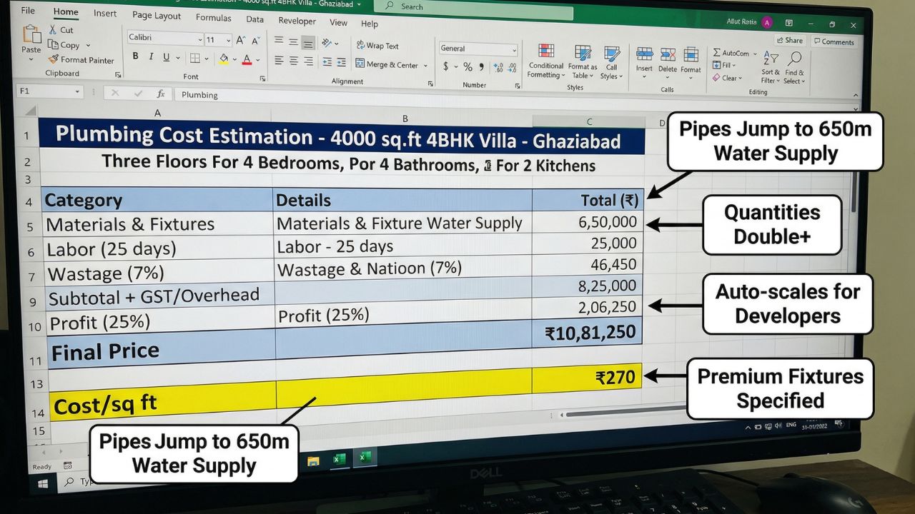 Plumbing cost estimation Excel sheet for 4000 sq ft 4BHK villa showing materials, labor, wastage, profit margin, and final price per square foot