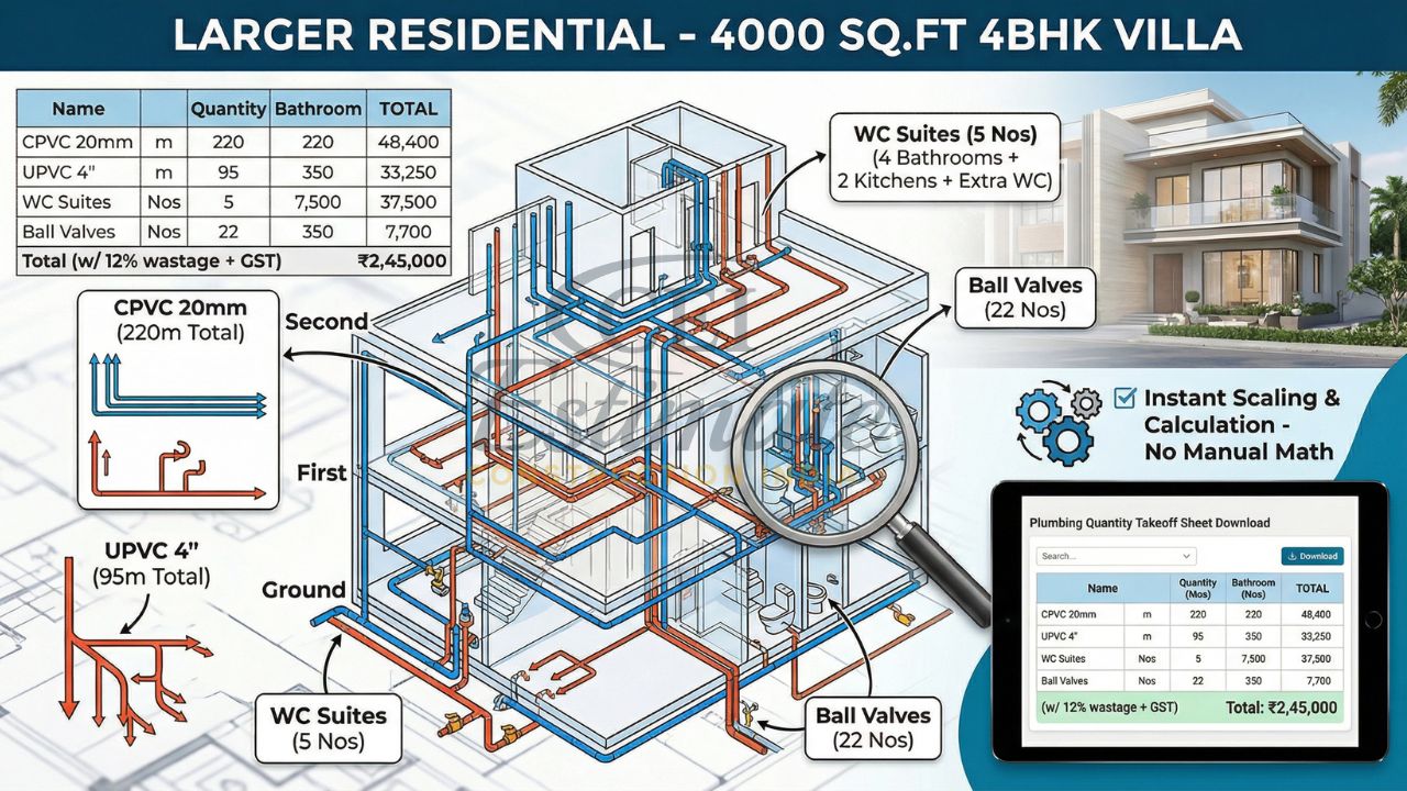 plumbing estimation 4000 sq ft villa india cpvc upvc pipe layout 4bhk house plumbing boq cost