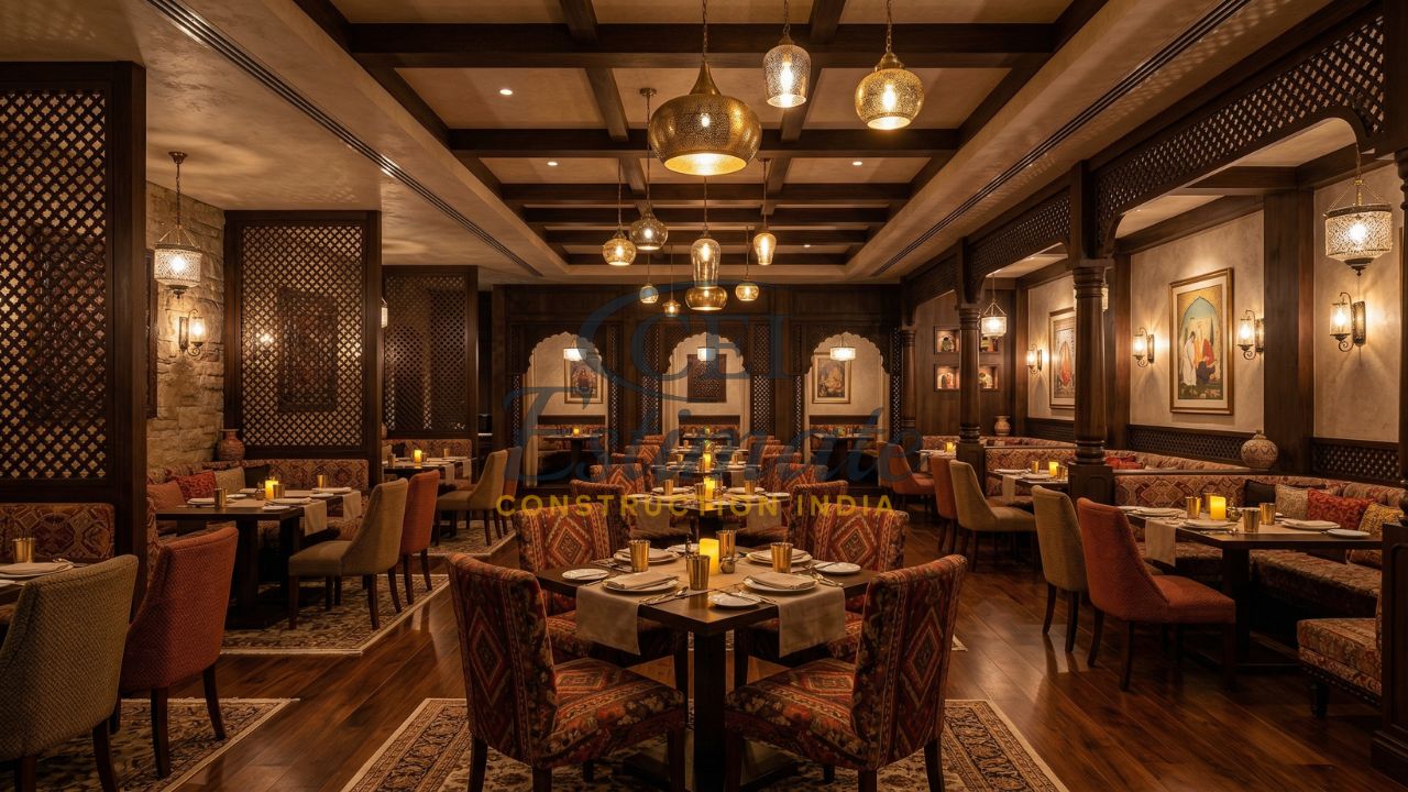 Luxury restaurant dining room design India 2026 featuring biophilic elements and warm lighting
