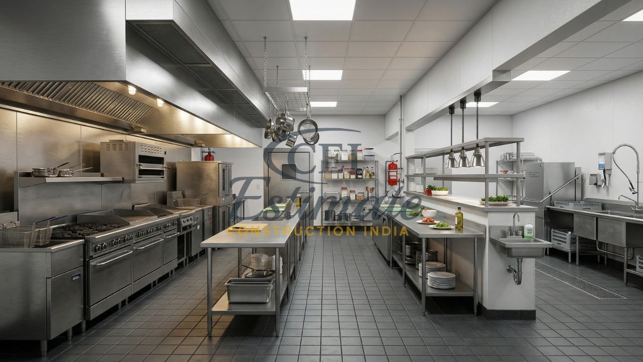 Modern commercial restaurant kitchen layout with stainless steel equipment and organized workflow zones