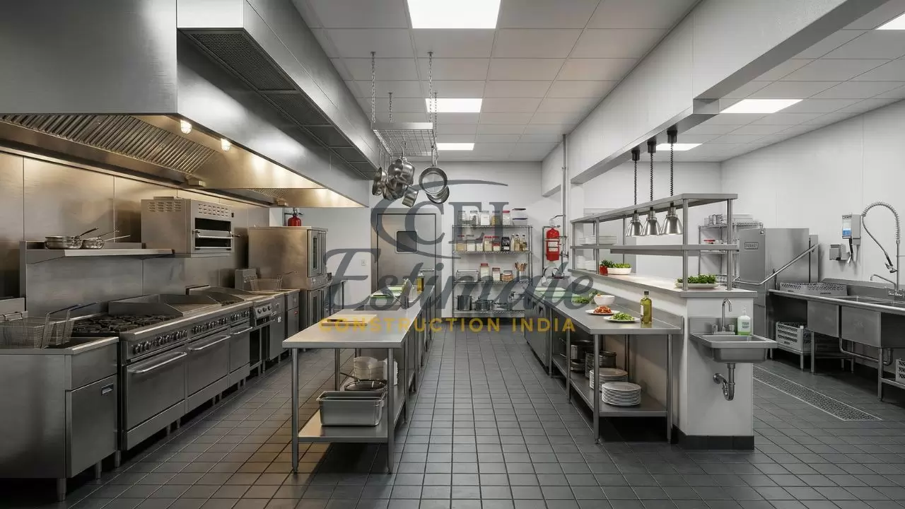 Modern commercial restaurant kitchen layout with stainless steel equipment and organized workflow zones