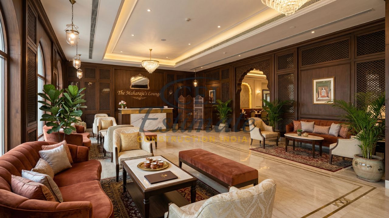 Modern luxury restaurant waiting lounge with wooden interiors, premium seating, chandelier lighting, and reception desk