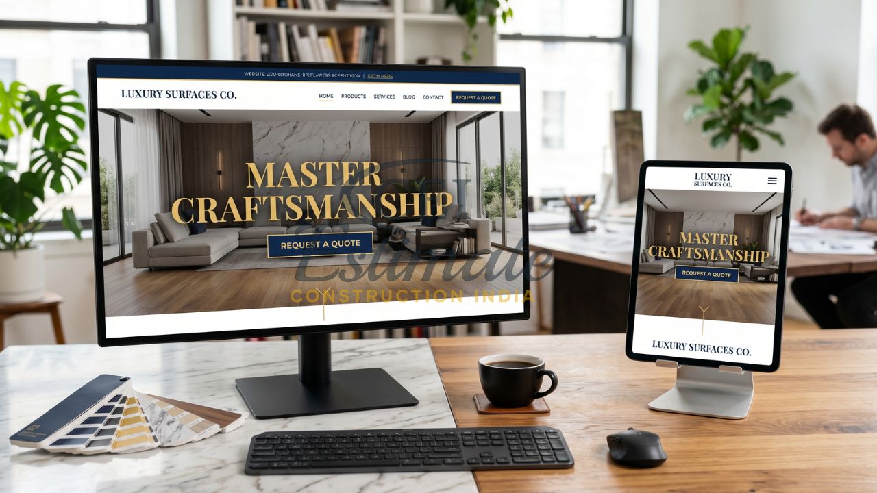 Luxury surfaces website design with flooring interior finishes craftsmanship branding and responsive desktop and mobile layout