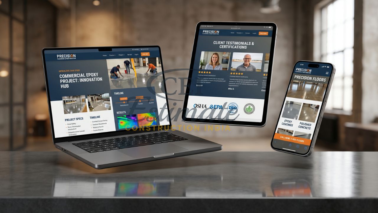 Flooring contractor website design with epoxy coating project case study client testimonials certifications and responsive layout