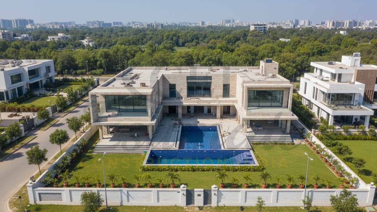 Luxury modern house with swimming pool under construction in upscale residential area.