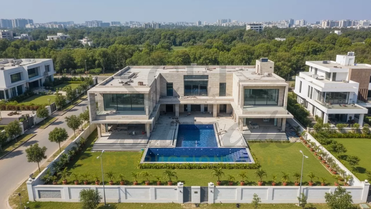 Luxury modern house with swimming pool under construction in upscale residential area.