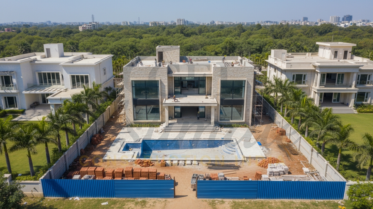 Luxury villa under construction with swimming pool and landscaping in residential area.