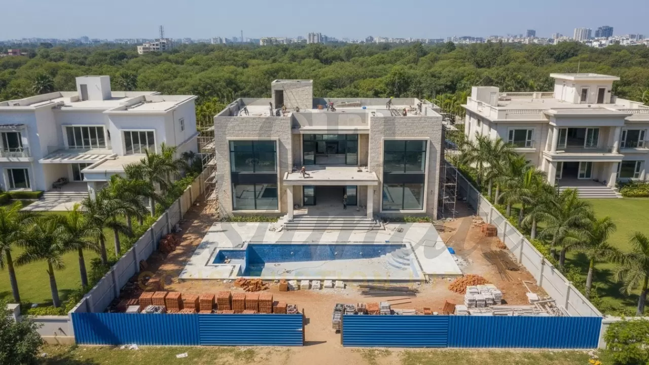 Luxury villa under construction with swimming pool and landscaping in residential area.