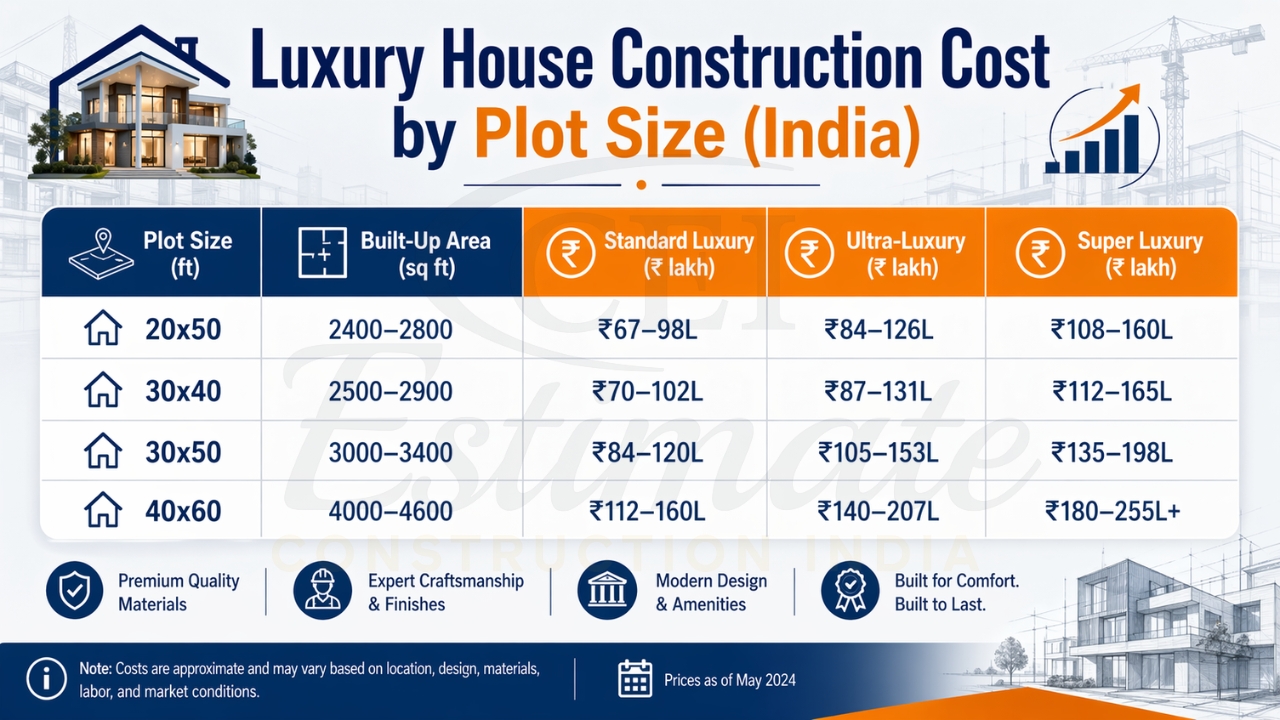 Luxury house construction cost by plot size in India showing price ranges for different categories.