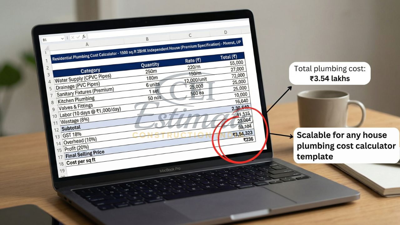 Residential plumbing cost calculator Excel template showing CPVC pipes, drainage, fixtures, labor, GST, and total plumbing cost ₹3.54 lakhs