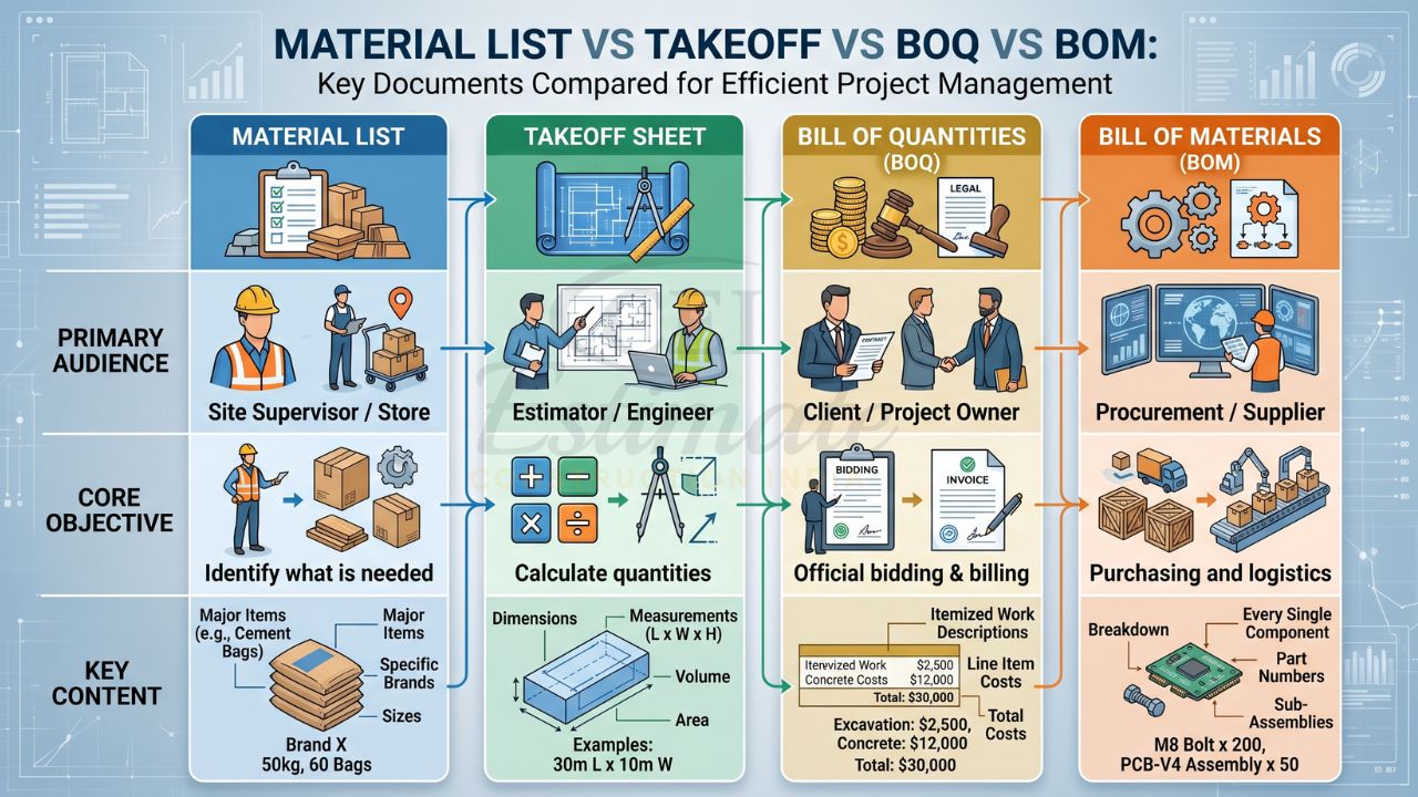 comparison of material list takeoff sheet boq and bom in construction showing differences in quantities costing and procurement