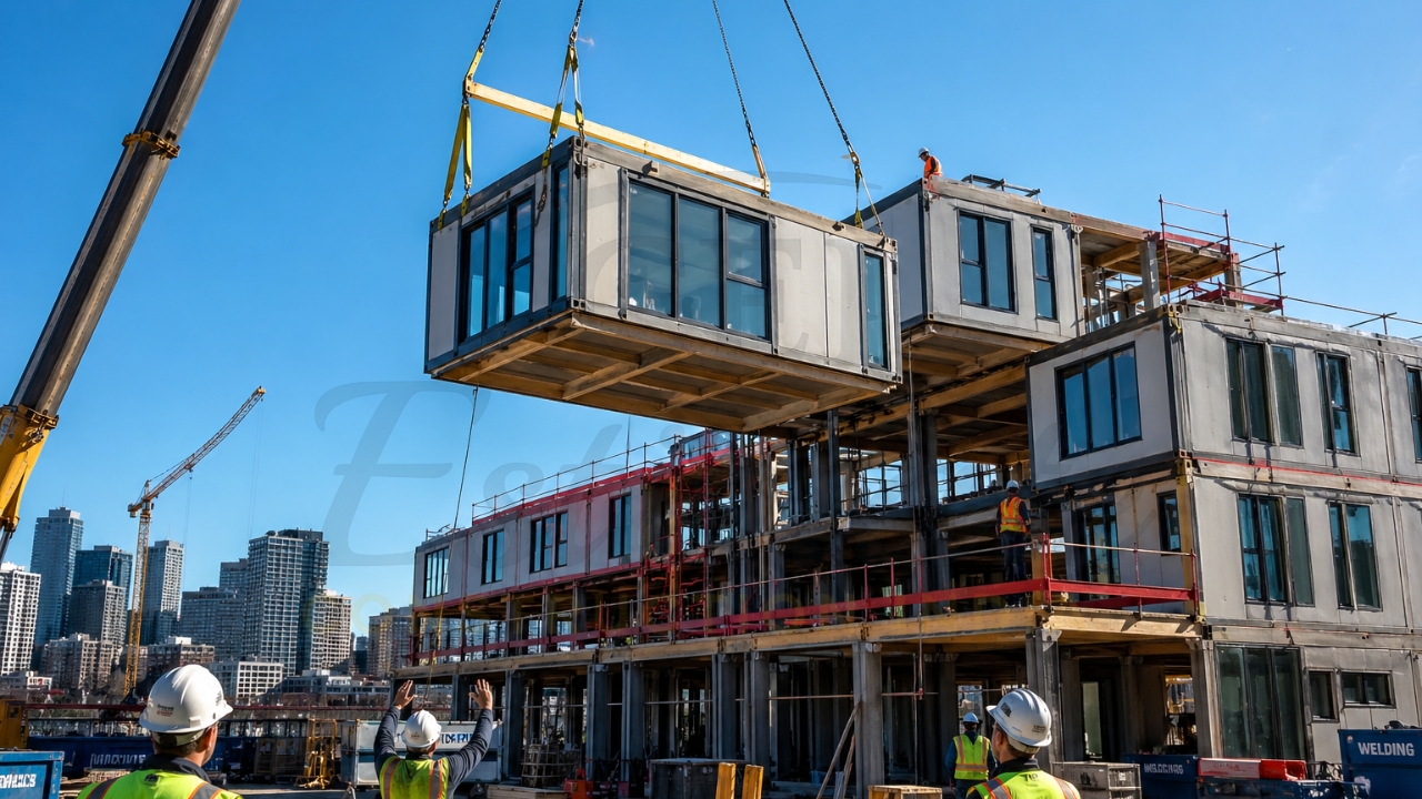 Modular construction building with prefabricated units being lifted by crane and installed on-site.
