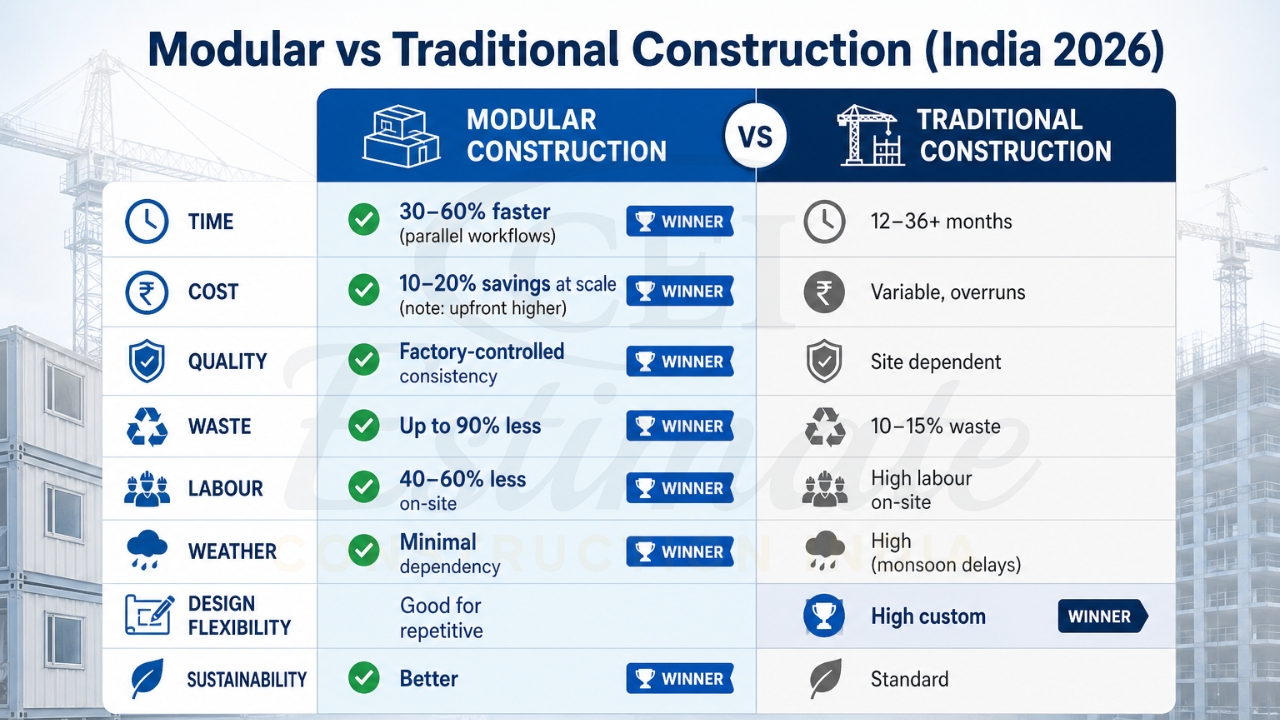 Modular vs traditional construction comparison in India 2026 showing differences in time, cost, quality, waste, and efficiency.