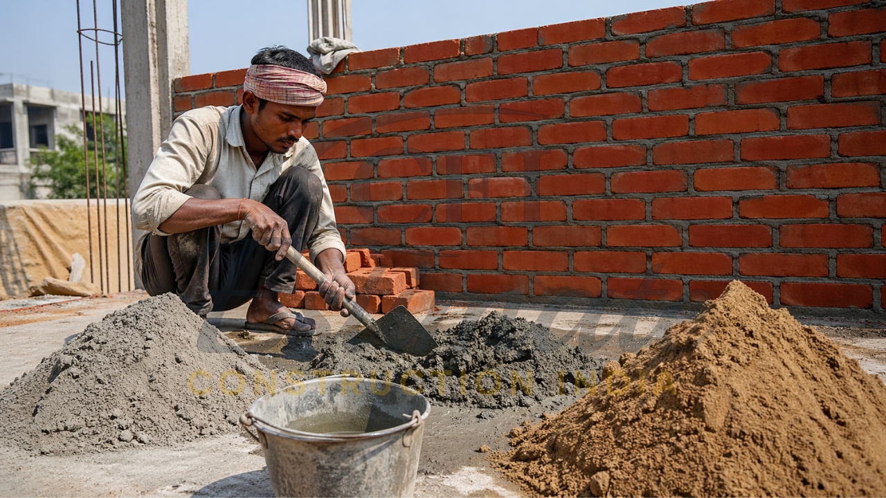 Worker preparing mortar mix for brick masonry construction