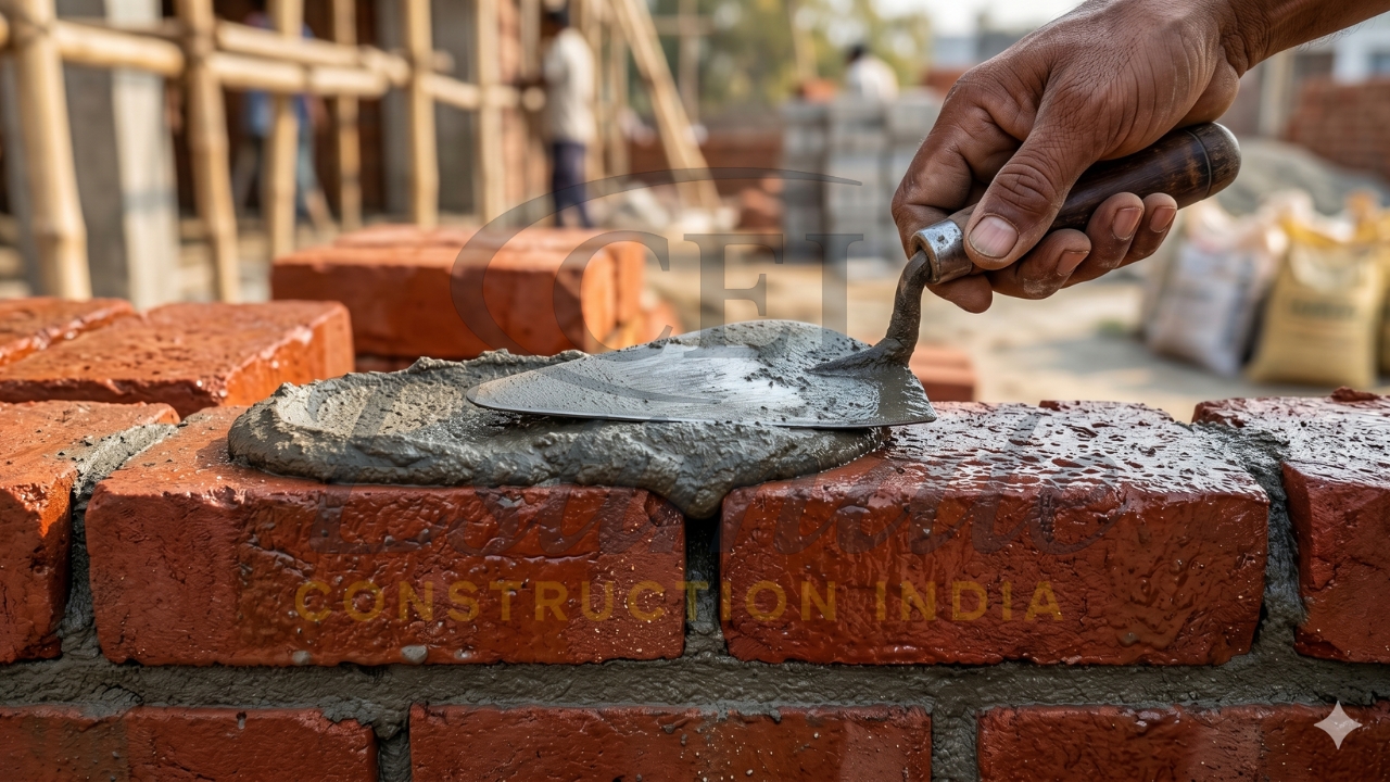 Bricklaying process with mortar application using trowel