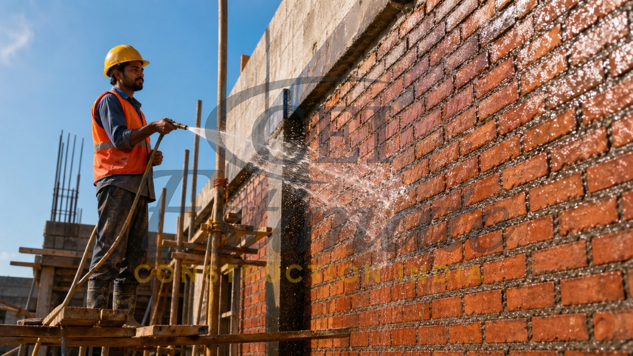 Worker spraying water on bricks for proper curing