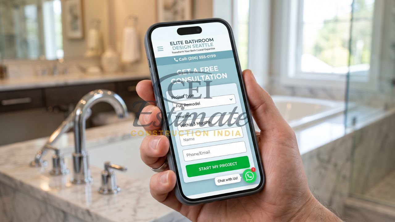 Bathroom remodeling mobile website with free consultation form and project details fields in modern bathroom setting