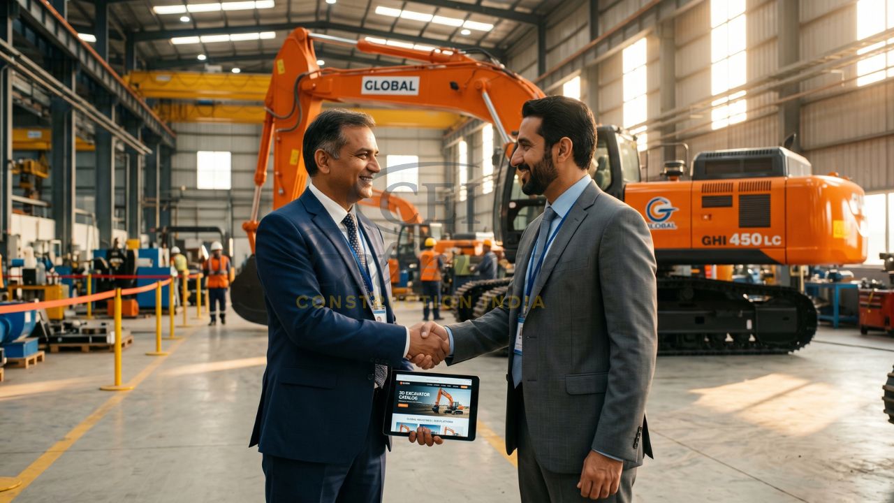 Excavator manufacturing business meeting with two professionals shaking hands in factory with heavy machinery and digital catalog