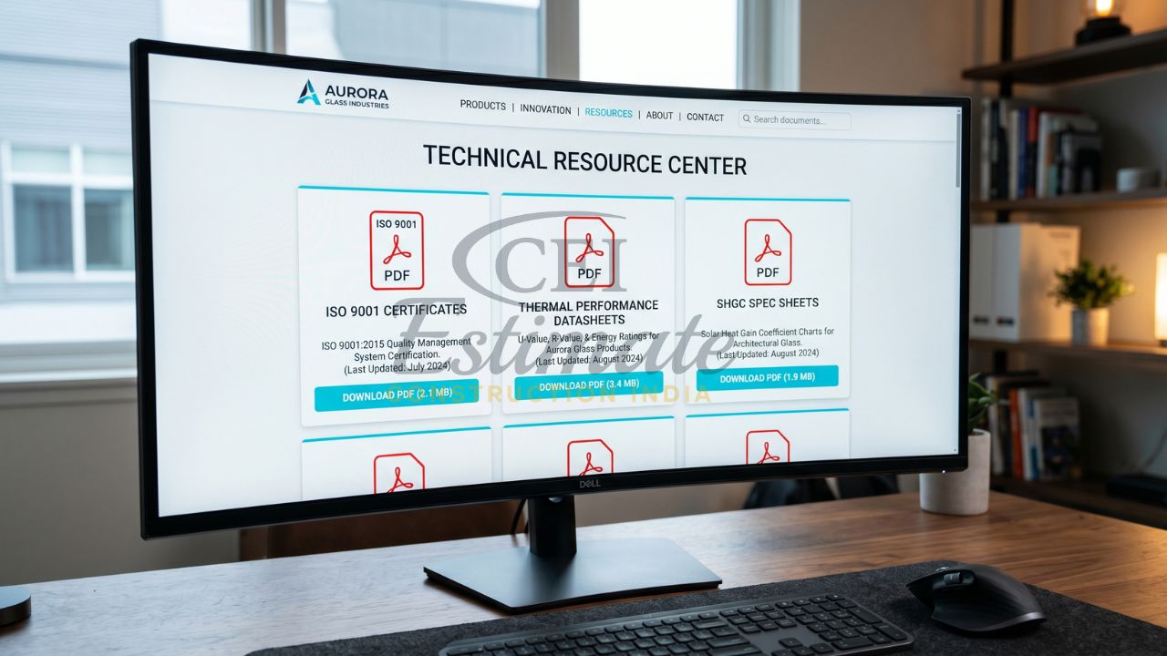 Glass manufacturing website technical resource center showing ISO certificates, datasheets, and downloadable PDFs