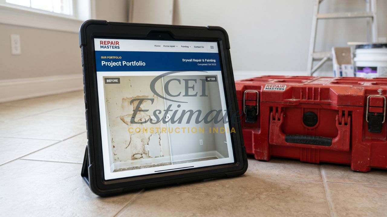 Handyman website project portfolio showing before and after drywall repair and painting transformation