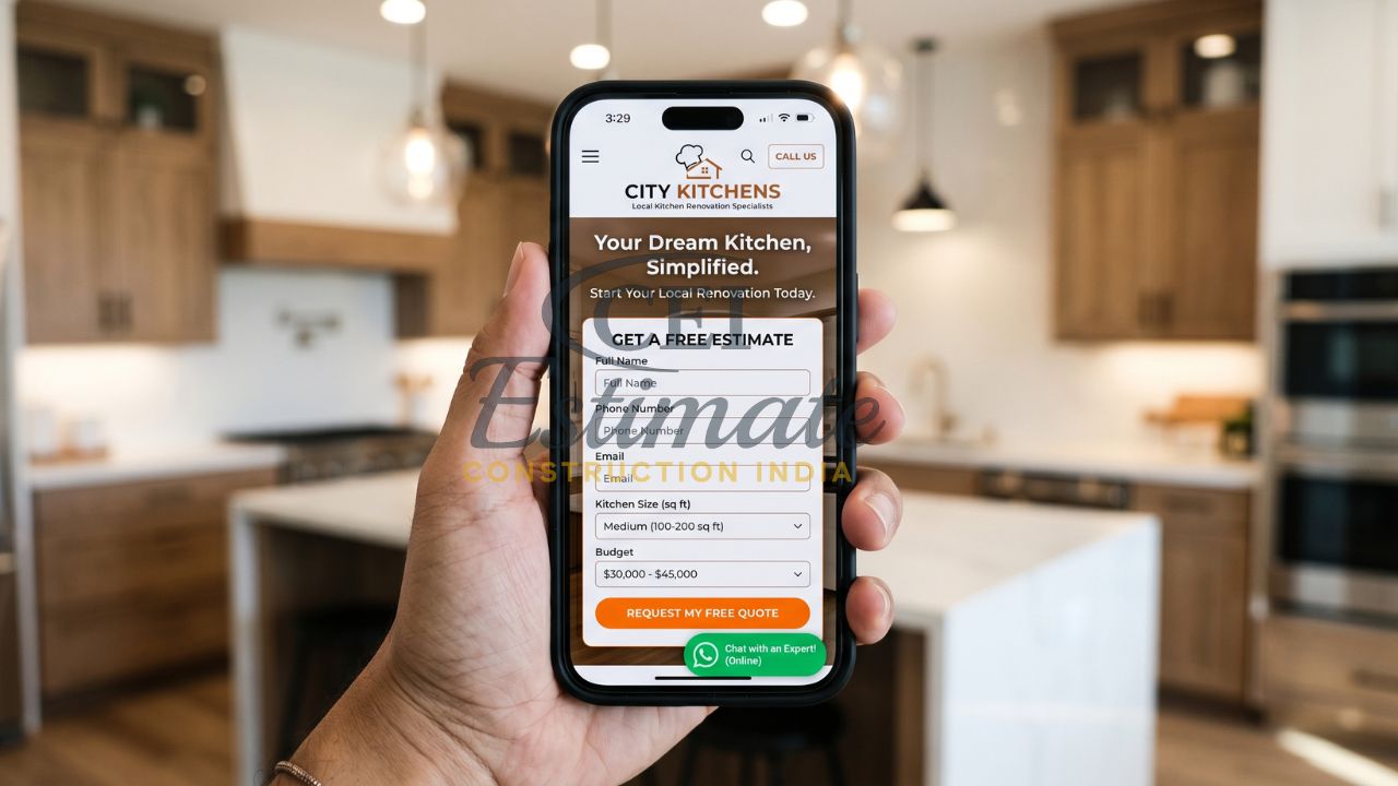 Kitchen remodeling website mobile quote form with fields for kitchen size, budget, and contact details