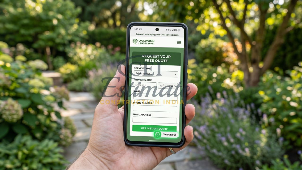 Landscaping mobile website quote form with service type, property size, and contact details in garden setting