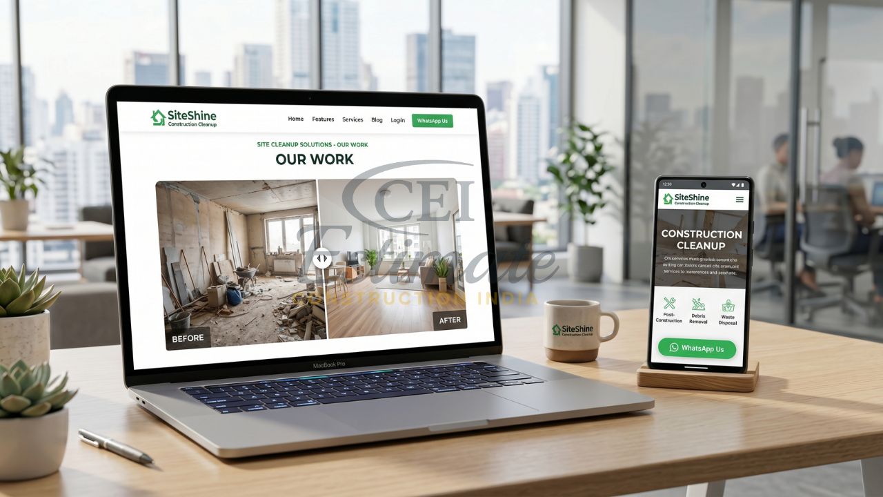 Post construction cleaning website showing before and after project results on laptop with mobile responsive design